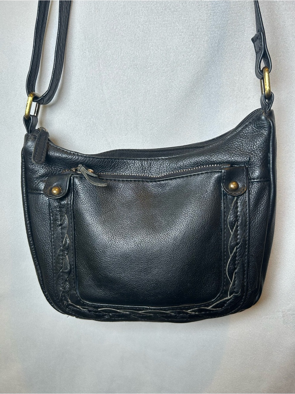 Great American Leatherworks Black Leather Boho Crossbody Bag Braided Trim